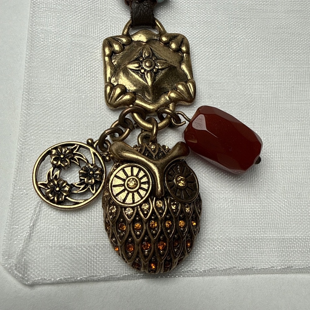 Lucky Brand Boho Jeweled Owl Brass/Dark‎ Gold Tone Freshwater Pearled Necklace
